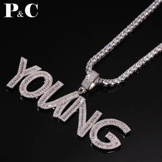 Custom Name Baguette Letters Hip Hop Iced Out Pendant with tennis chain Gold Silver Bling Zirconia Men's Hip Hop Charm Gift