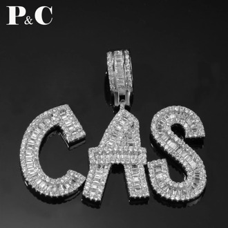 Custom Name Cubic Zircon Baguette Letters Hip Hop Pendant Chain Gold Silver Men's Jewelry with Tennis Chain for Gift