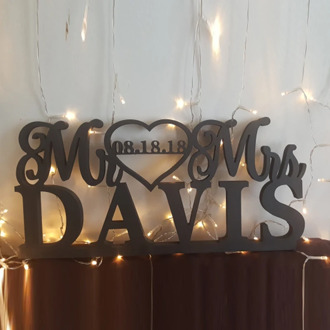 Custom wedding table logo and surname wedding decorated with the logo of Mr. and Mrs.
