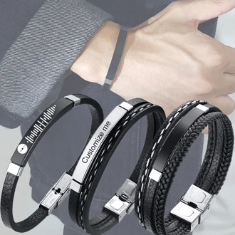 Customize Engrave Men's Black Genuine Leather Bangle Bracelets Personalized Love Name Date Info Casual Male Jewelry Gifts