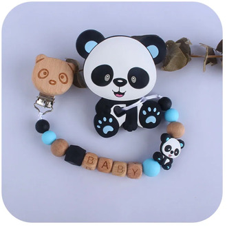 Customized Baby Pacifier Clip Chain Cute Panda Wood Nipple Holder Chain Food Grade Silicone Teether