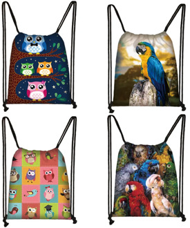cute bird owl / parrot print drawstring bag women fashion storage bag teenager travel bags canvas backpack kids bookbag