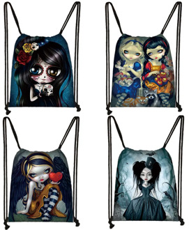 Cute Cartoon Gothic Girls Drawstring Bag Women Fashion Storage Bag Teenager Girls Canvas Backpack Ladies Party Shopping Bags