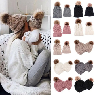 Cute Kids Girls Hats Mother Daughter Warm Knitted Hat Family Matching Children Hats And Caps Winter Newborn Baby Hat Beanie Caps