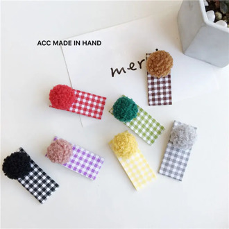 Cute Kids Snap Hair Clips Baby Girls Ball Pompom Plaid Fabric School Style Sweet Hair Pins Barrettes Headwear Hair Accessories