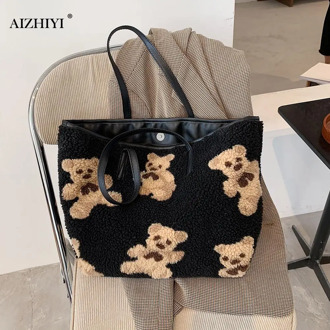 Cute Plush Bear Print Handbag Satchel Fashion Female Large Capacity Shoulder Bag Popular Simple Female Daily Bag