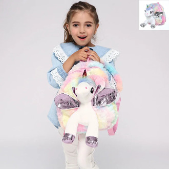 Cute Unicorn Student School Backpack Girl Cartoon Mini Fur Schoolbag Kidergarten Doll Plush Bag Toy Doll Backpack Children Gift