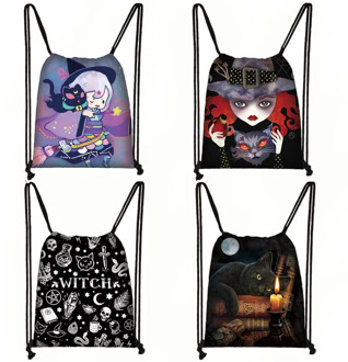 Cute Witch / Fairy / Black Cat Drawstring Bag Women Shopping Bags Canvas Travel Bag Fashion Storage Bags Teenager Girls Backpack