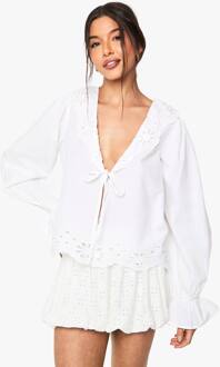 Cutwork Broderie Tie Front Blouse, White - 38