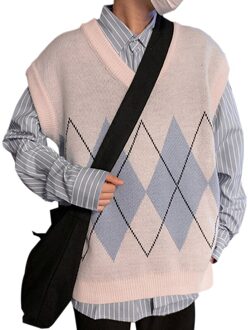 Cysincos Trui Vest Mannen Patchwork V-hals Mouwloze Truien Preppy Stijl Side-Slit Koppels Tieners Vest Retro Truien beige / aziatisch Size M