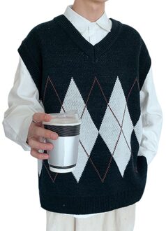 Cysincos Trui Vest Mannen Patchwork V-hals Mouwloze Truien Preppy Stijl Side-Slit Koppels Tieners Vest Retro Truien zwart / aziatisch Size XL