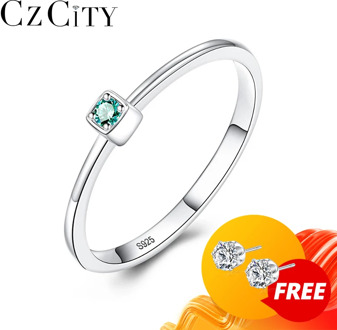 CZCITY Genuine 925 Sterling Silver VVS Green Topaz Wedding Rings for Women Minimalist Thin Circle Gem Rings Jewelry Carving S925