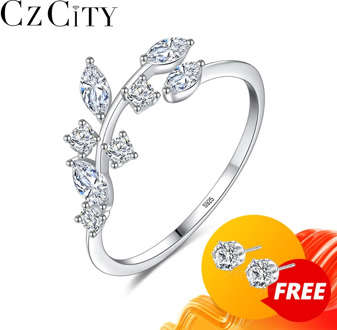 CZCITY Korean 925 Sterling Silver Handmade Olive Leaf Rings for Women Exquisite CZ Stone Adjustable Open Ring Silver 925 Jewelry