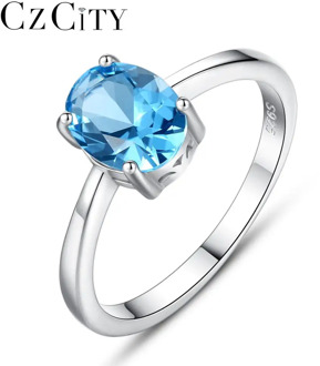 CZCITY Natural Solitaire Sky Blue Oval Topaz Stone Sterling Silver Ring For Women Fashion S925 Fine Jewelry Finger Band Rings