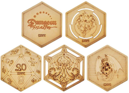 D&D Decorative Wood Coasters Cool & Unique Table Mug Cup Mats Laser Engraved with Dragon, D20 and Cthulhu (Set of 3)