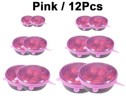 D2 6/12 Pcs Voedsel Siliconen Cover Cap Universal Siliconen Deksels Kookgerei Kom Herbruikbare Stretch Deksels Voedsel Wrap Kom Keuken Stoppers 12 stk roze