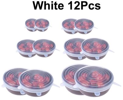 D2 6/12 Pcs Voedsel Siliconen Cover Cap Universal Siliconen Deksels Kookgerei Kom Herbruikbare Stretch Deksels Voedsel Wrap Kom Keuken Stoppers 12 stk wit
