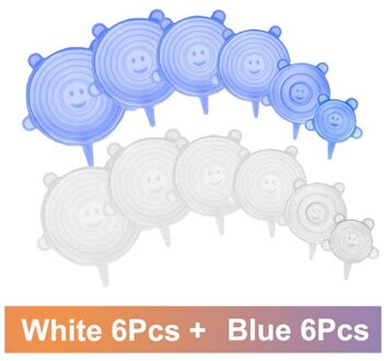 D2 6/12 Pcs Voedsel Siliconen Cover Cap Universal Siliconen Deksels Kookgerei Kom Herbruikbare Stretch Deksels Voedsel Wrap Kom Keuken Stoppers 12stk wit-blauw