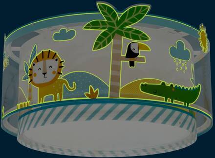 Dalber Little Jungle plafondlamp, junglemotief wit, geel, groen