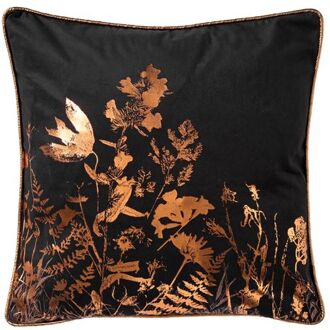 DALIA - Kussenhoes 45x45 cm - metallic design - met bloemen - Raven - zwart