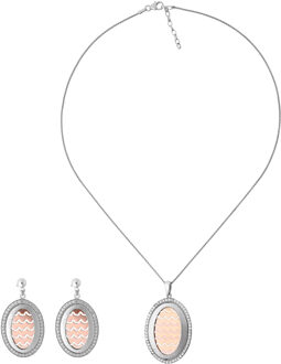 Dames 925 Sterling Zilveren Set: Ketting-Hanger + Oorbellen - Zilver/Roze SET-065 Zilver en roségoud - One Size