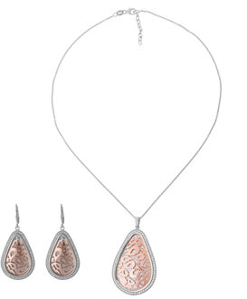 Dames 925 Sterling Zilveren Set: Ketting-Hanger + Oorbellen - Zilver/Roze SET-068 - maat Zilver en roségoud