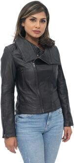 Dames afneembare kraag leren bikerjack-Rosario Zwart