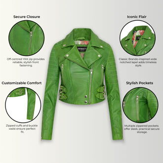 Dames appelgroene cropped Brando leren bikerjack - Damascus Limoengroen - EU 52 / UK 24