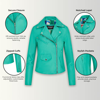 Dames Aqua Blue Classic Brando Biker leren jack - Broome - maat EU 52 / UK 24 Groen