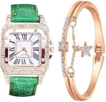 Dames Armband Horloge Band Vierkante Wijzerplaat Diamant En Ster Armband Quartz Horloge Set Horloge Zegarek Damski groen