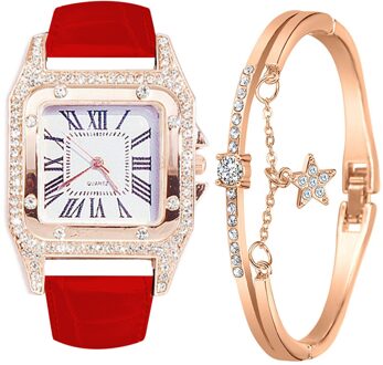 Dames Armband Horloge Band Vierkante Wijzerplaat Diamant En Ster Armband Quartz Horloge Set Horloge Zegarek Damski Rood