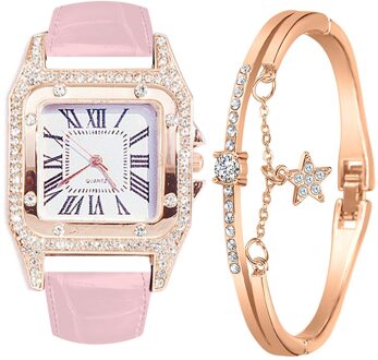Dames Armband Horloge Band Vierkante Wijzerplaat Diamant En Ster Armband Quartz Horloge Set Horloge Zegarek Damski Roze