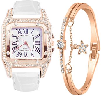 Dames Armband Horloge Band Vierkante Wijzerplaat Diamant En Ster Armband Quartz Horloge Set Horloge Zegarek Damski wit