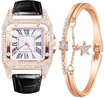 Dames Armband Horloge Band Vierkante Wijzerplaat Diamant En Ster Armband Quartz Horloge Set Horloge Zegarek Damski zwart