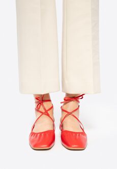 Dames Ballerina's in Echt Leer met Strikjes Rood Echt Leer