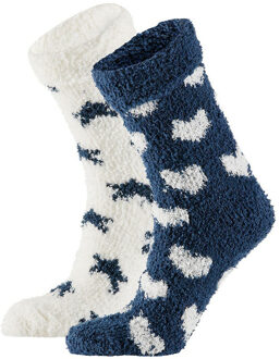 Dames bedsokken/huissokken 2-pak navy/ecru hartjes/sterren maat 36-41 - Huissokken Multikleur