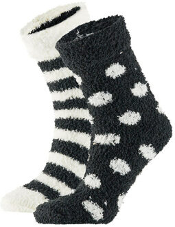 Dames bedsokken/huissokken 2-pak zwart/ecru stippen/strepen maat 36-41 - Huissokken Multikleur