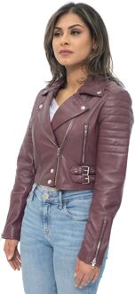 Dames bijgesneden Brando leren bikerjack-Damascus Bourgogne - EU 52 / UK 24