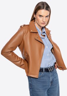 Dames bikerjack van eco-leer met klinknagels, bruin - maat XL