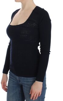 Dames Blauw Gebreide Wol Stretch Sweater Top Zwart
