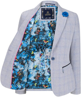 Dames blauw geruite blazer van wolmix met visgraatmotief en tweedmotief - EU 46 / UK 18