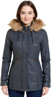 Dames blauwe leren parka met capuchon - Charleville - EU 50 / UK 22