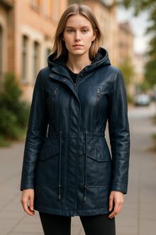 Dames blauwe leren parka met capuchon - Clare - EU 52 / UK 24