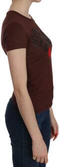 Dames Bruin Hartprint Rundhals T-shirt Korte Mouw Blouse - EU 38 / UK 10