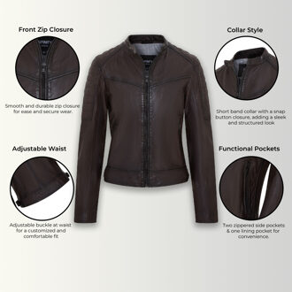 Dames Bruin Retro Gewatteerd Leren Bikerjack - Horten - maat 2XL Donker Bruin