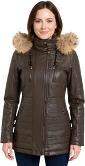 Dames Bruine Gewatteerde Leren Parka Jas - Bowen - EU 48 / UK 20