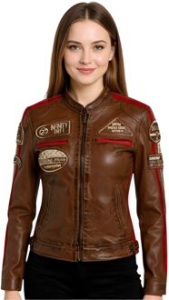 Dames bruine leren bikerjack met racebadges - Dalby - EU 46 / UK 18