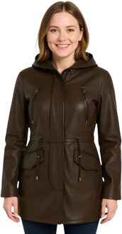 Dames bruine leren parka met capuchon - Cairns - EU 52 / UK 24