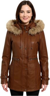 Dames bruine leren parka met capuchon - Charleville - EU 42 / UK 14