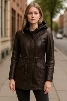 Dames bruine leren parka met capuchon - Clare - maat